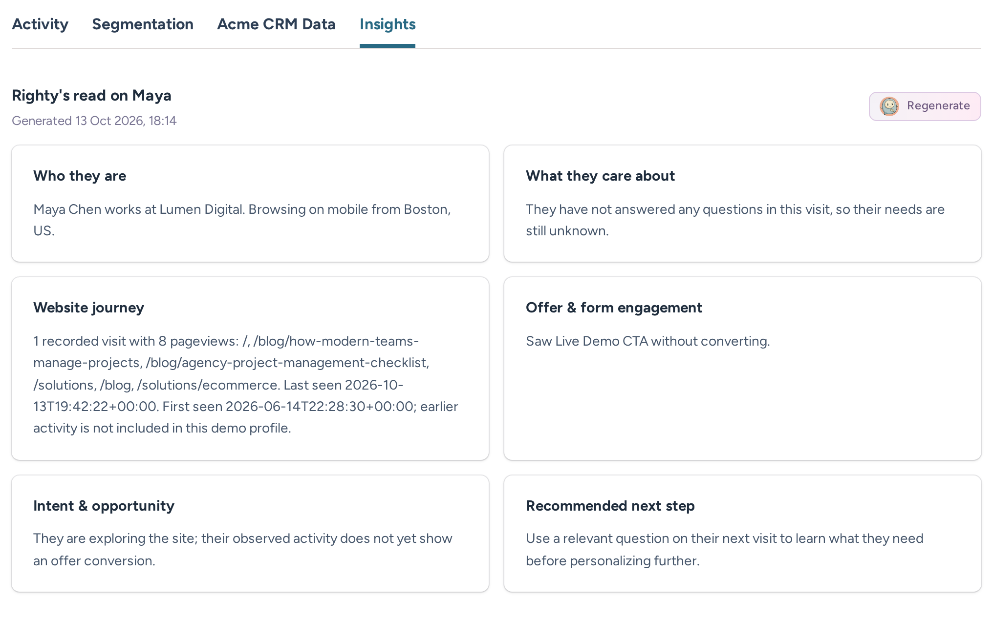 Example visitor Insights tab with generated website journey and recommended next step sections