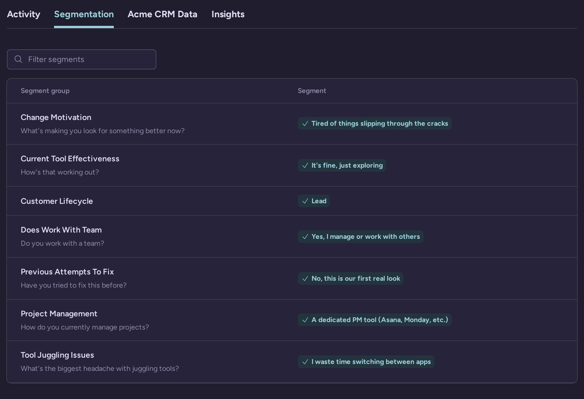 Example visitor Segmentation tab showing segment groups and matched answers