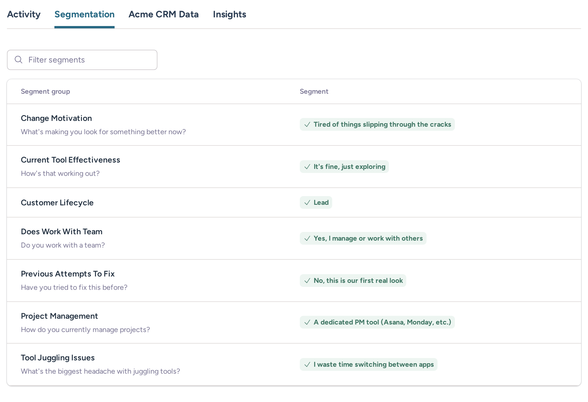 Example visitor Segmentation tab showing segment groups and matched answers
