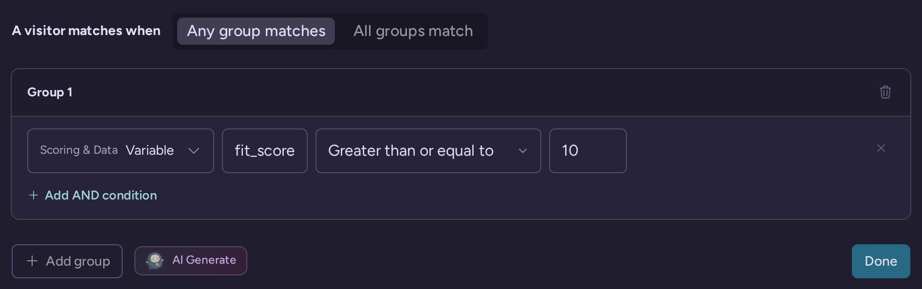 Scoring & Data Variable condition for fit_score greater than or equal to 10