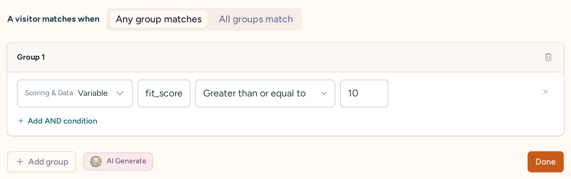 Scoring & Data Variable condition for fit_score greater than or equal to 10