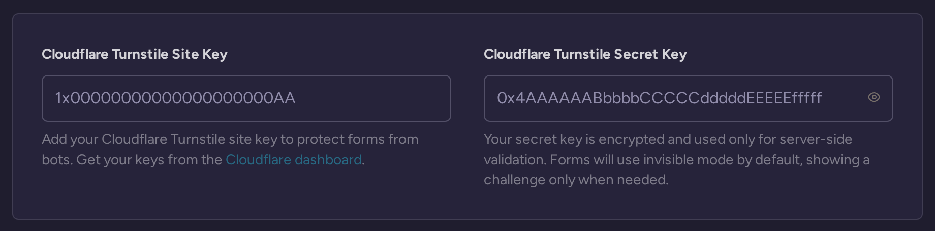 Bot Protection settings with Cloudflare Turnstile site key and secret key fields