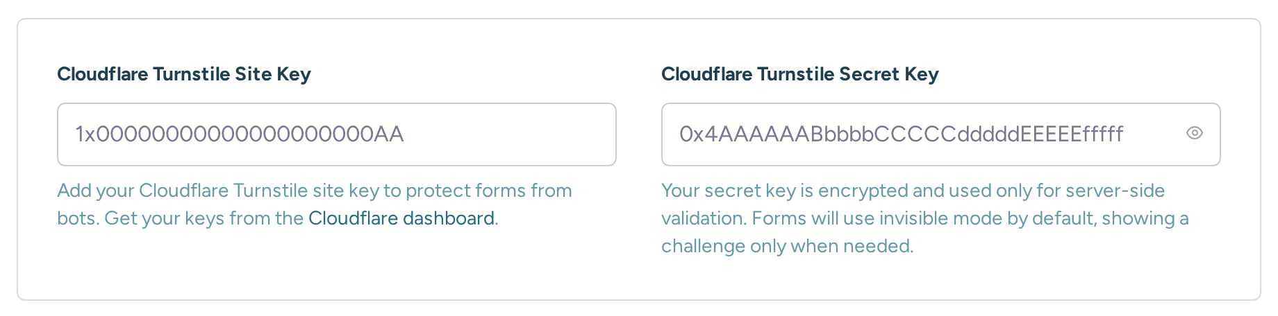Bot Protection settings with Cloudflare Turnstile site key and secret key fields
