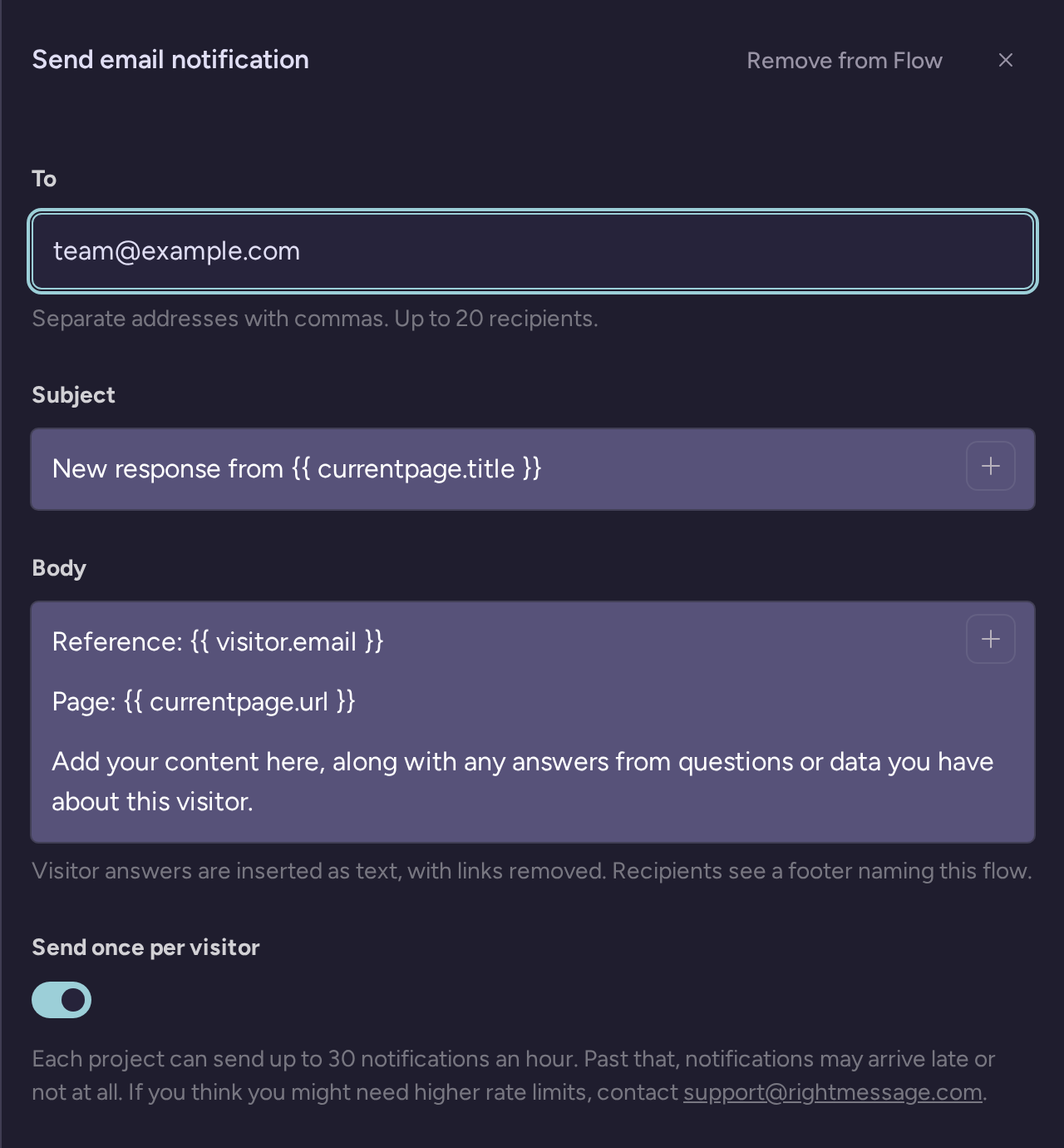 Send email notification drawer with team@example.com as the recipient, Subject and Body variables, Send once per visitor enabled, and the notification limit