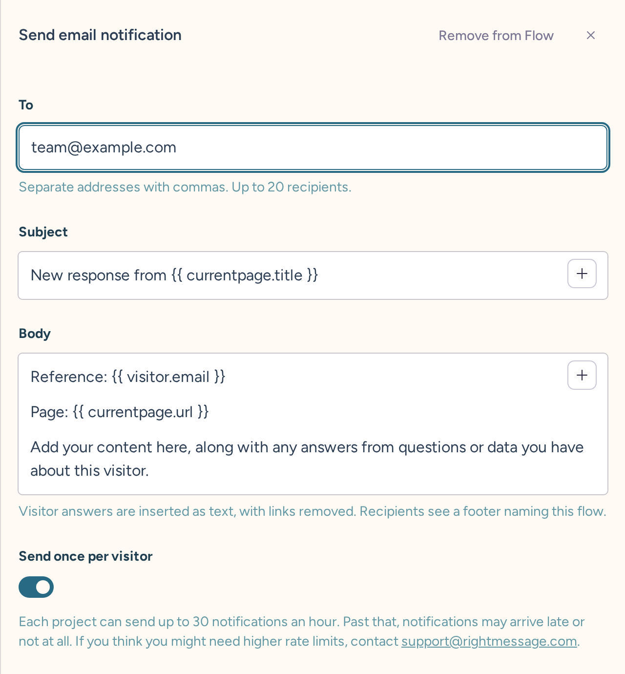 Send email notification drawer with team@example.com as the recipient, Subject and Body variables, Send once per visitor enabled, and the notification limit