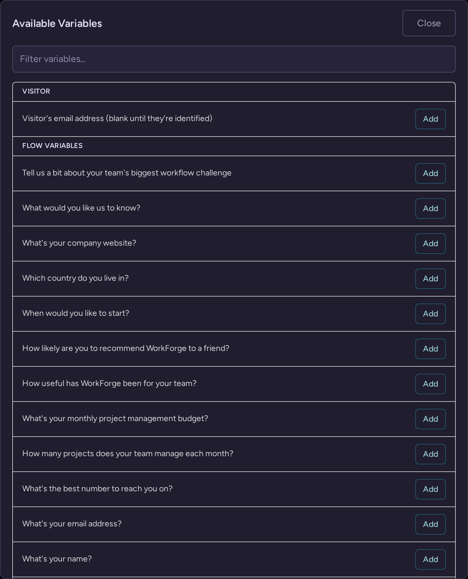 Available Variables picker opened from Email Body, with Visitor first and flow variables labeled by their questions