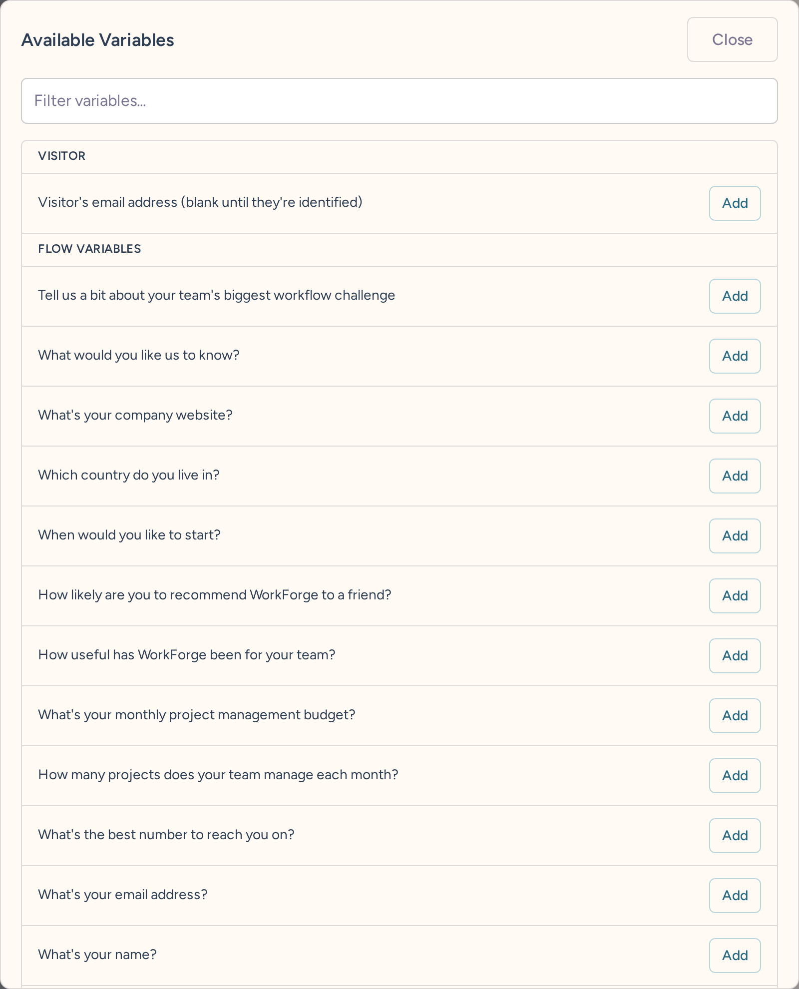 Available Variables picker opened from Email Body, with Visitor first and flow variables labeled by their questions