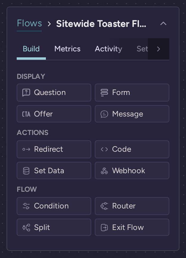 Flow Build palette with Question, Form, Offer, Message, actions, Condition, Router, Split and Exit Flow