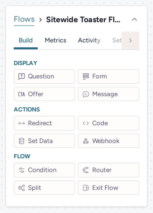 Flow Build palette with Question, Form, Offer, Message, actions, Condition, Router, Split and Exit Flow