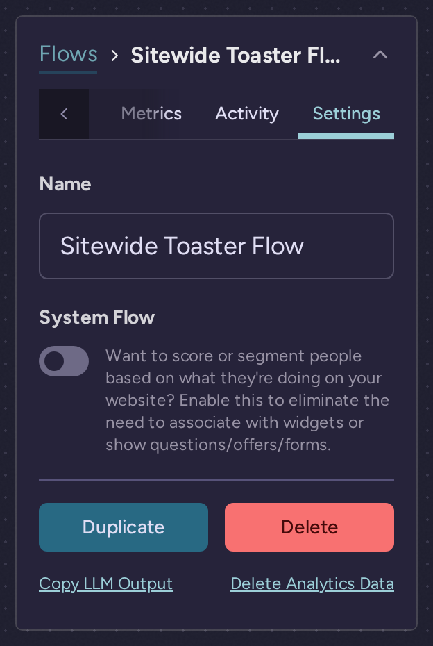 Flow Settings with the flow name and duplicate and delete controls