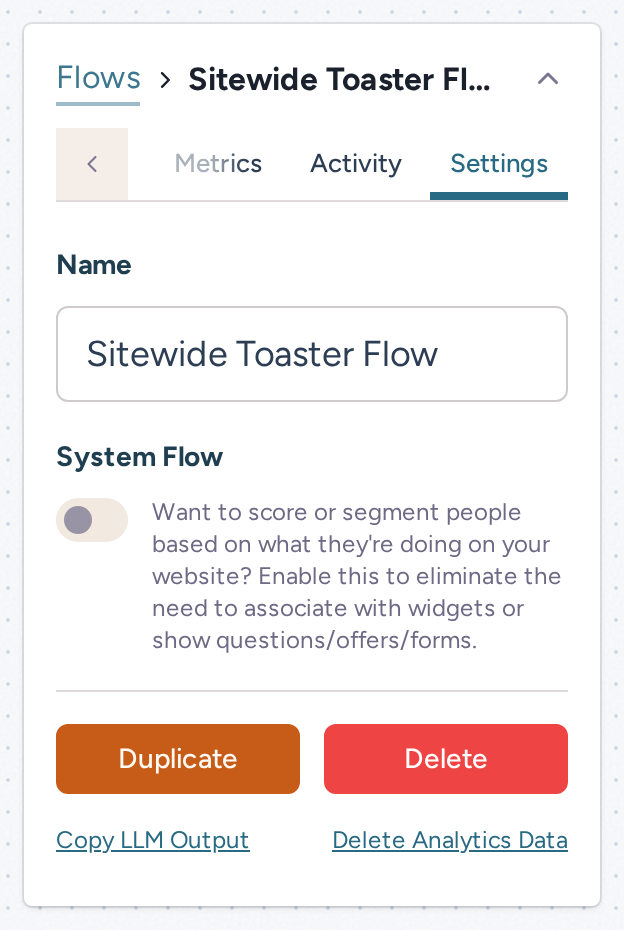 Flow Settings with the flow name and duplicate and delete controls