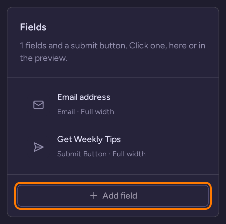 Form Fields panel with email and submit fields and the Add field button highlighted