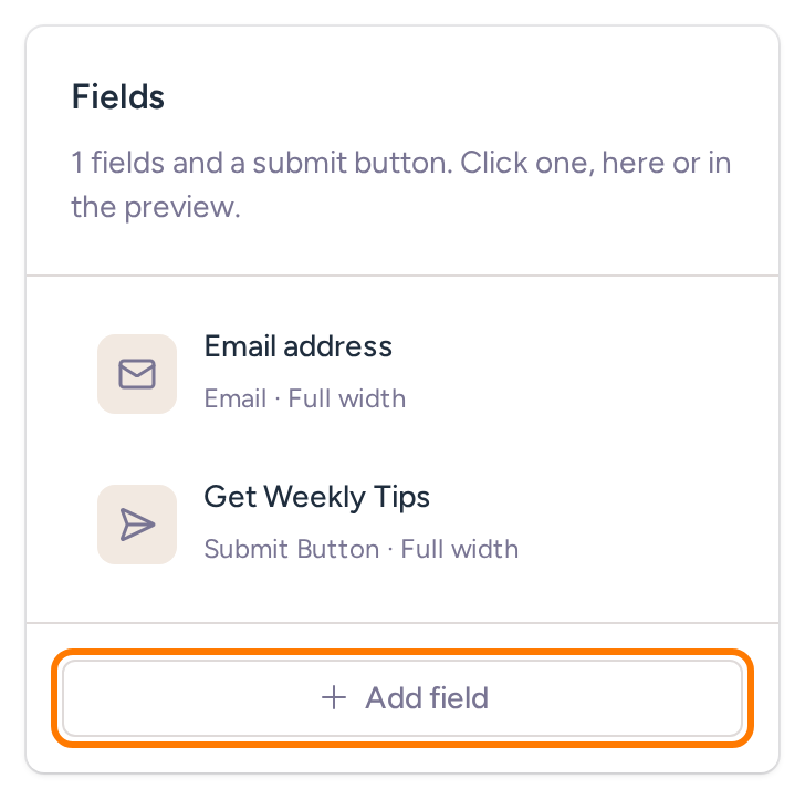 Form Fields panel with email and submit fields and the Add field button highlighted