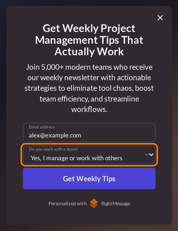 Opt-in form with alex@example.com and Yes, I manage or work with others selected