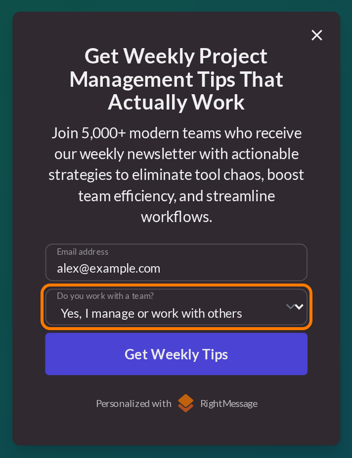 Opt-in form with alex@example.com and Yes, I manage or work with others selected