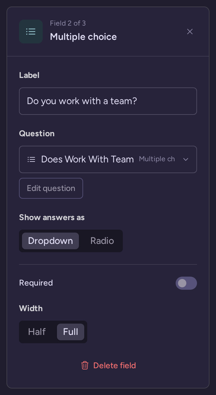 Does Work With Team field inspector showing its current label, mapping and field options