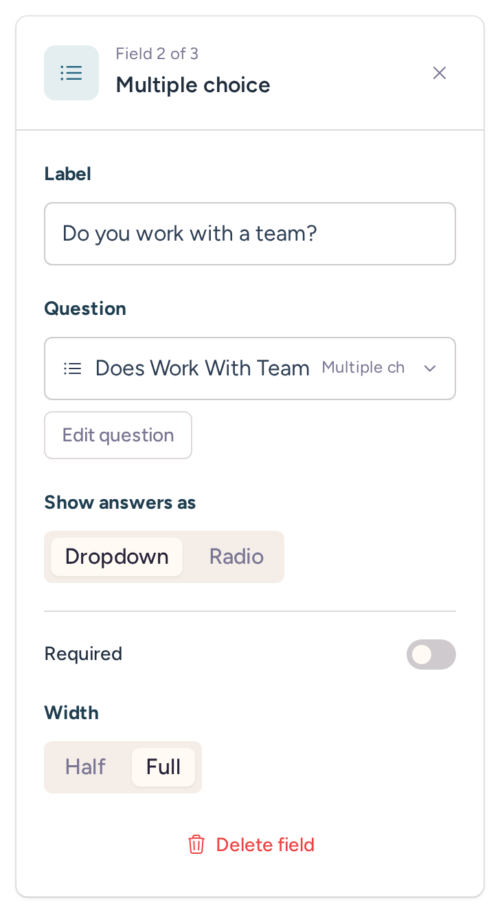 Does Work With Team field inspector showing its current label, mapping and field options