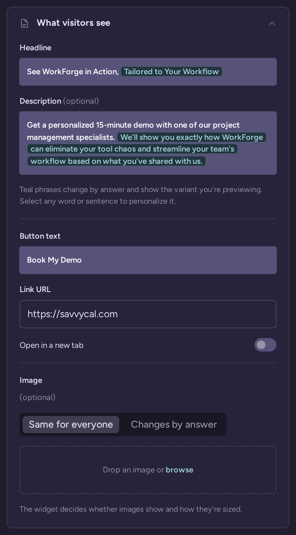 Offer Content controls for headline, description, button text, destination and image