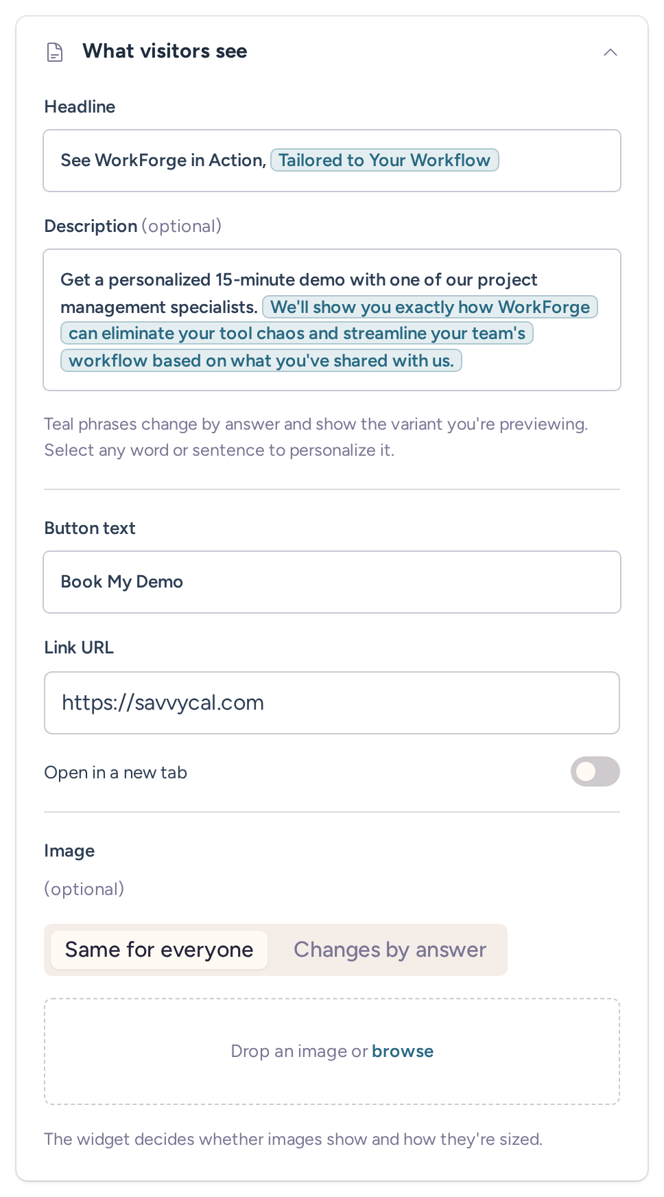 Offer Content controls for headline, description, button text, destination and image