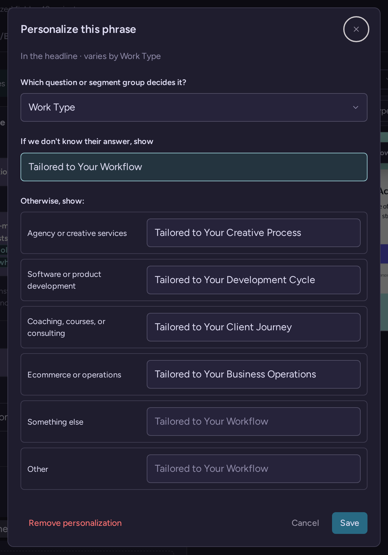 Personalize this phrase dialog with fallback and Work Type answer-specific wording