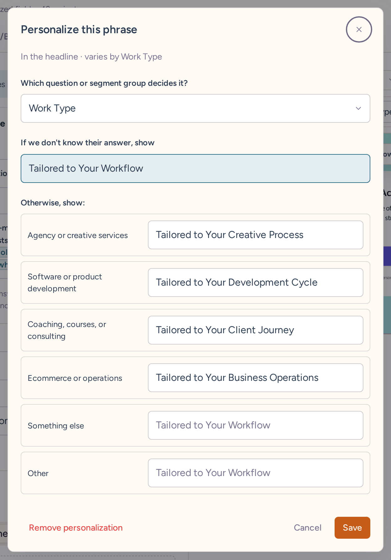 Personalize this phrase dialog with fallback and Work Type answer-specific wording