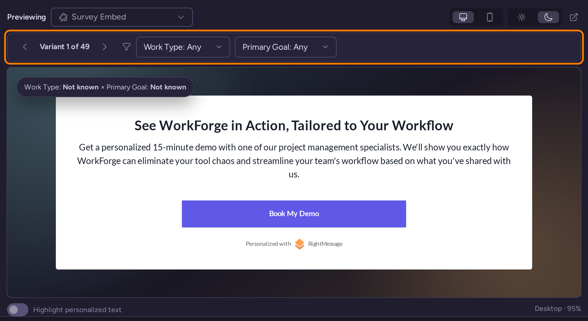 Offer preview with the variant selector and Work Type and Primary Goal filters highlighted