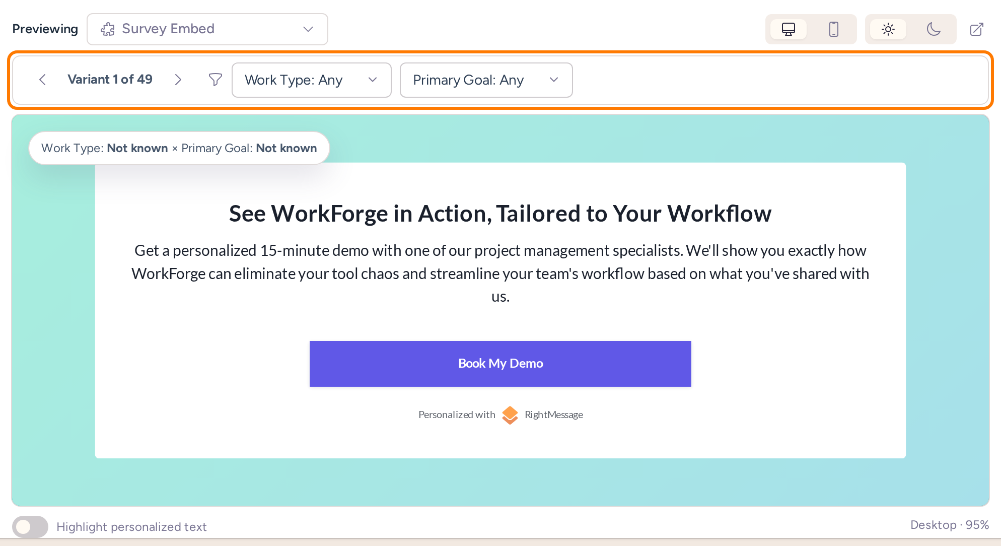 Offer preview with the variant selector and Work Type and Primary Goal filters highlighted