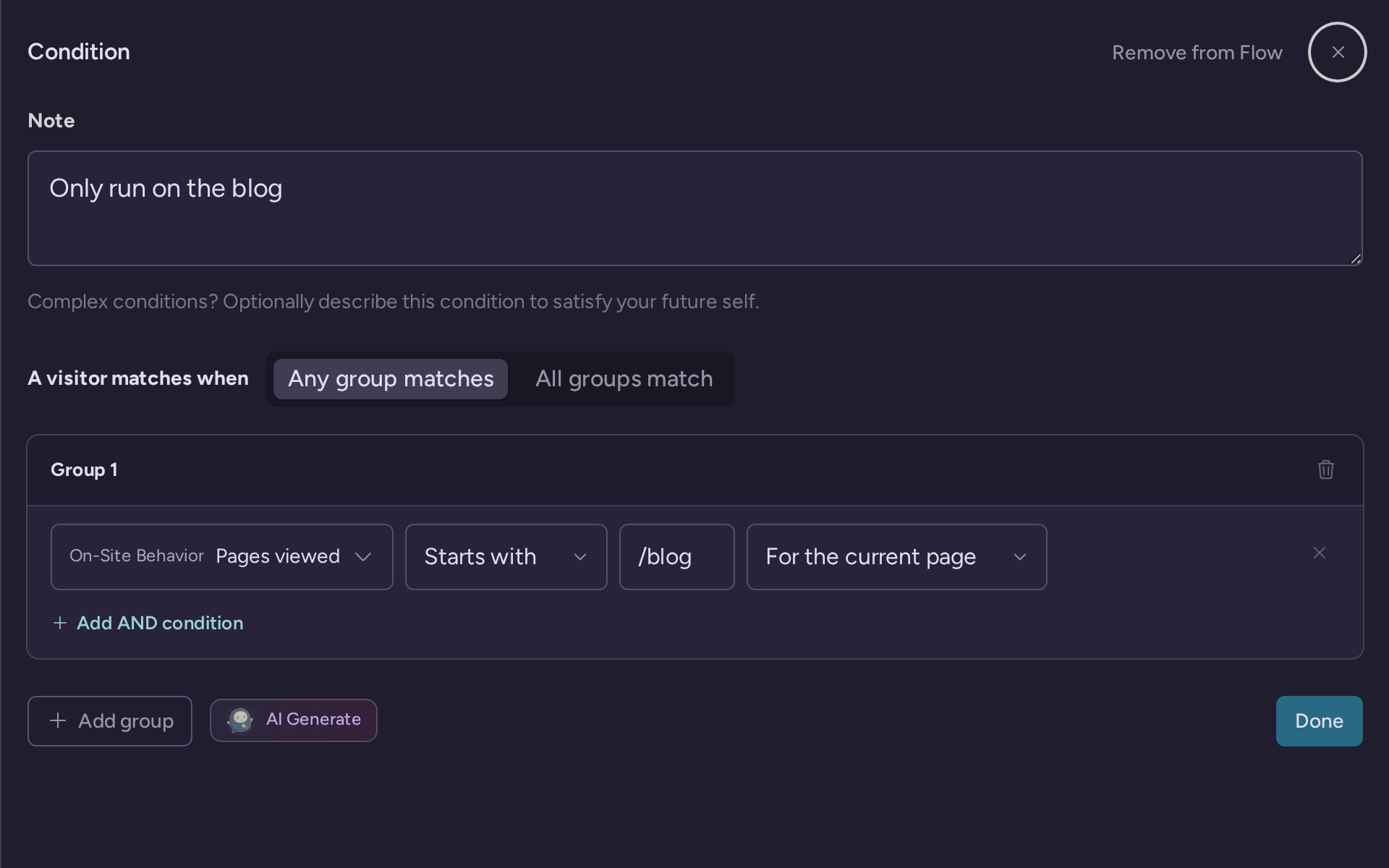 Flow condition matching a current page path starting with /blog