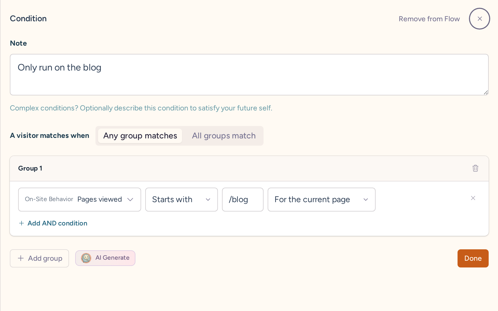 Flow condition matching a current page path starting with /blog