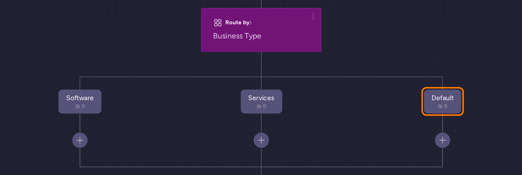 Business Type router with the Default branch for visitors without a matching answer highlighted