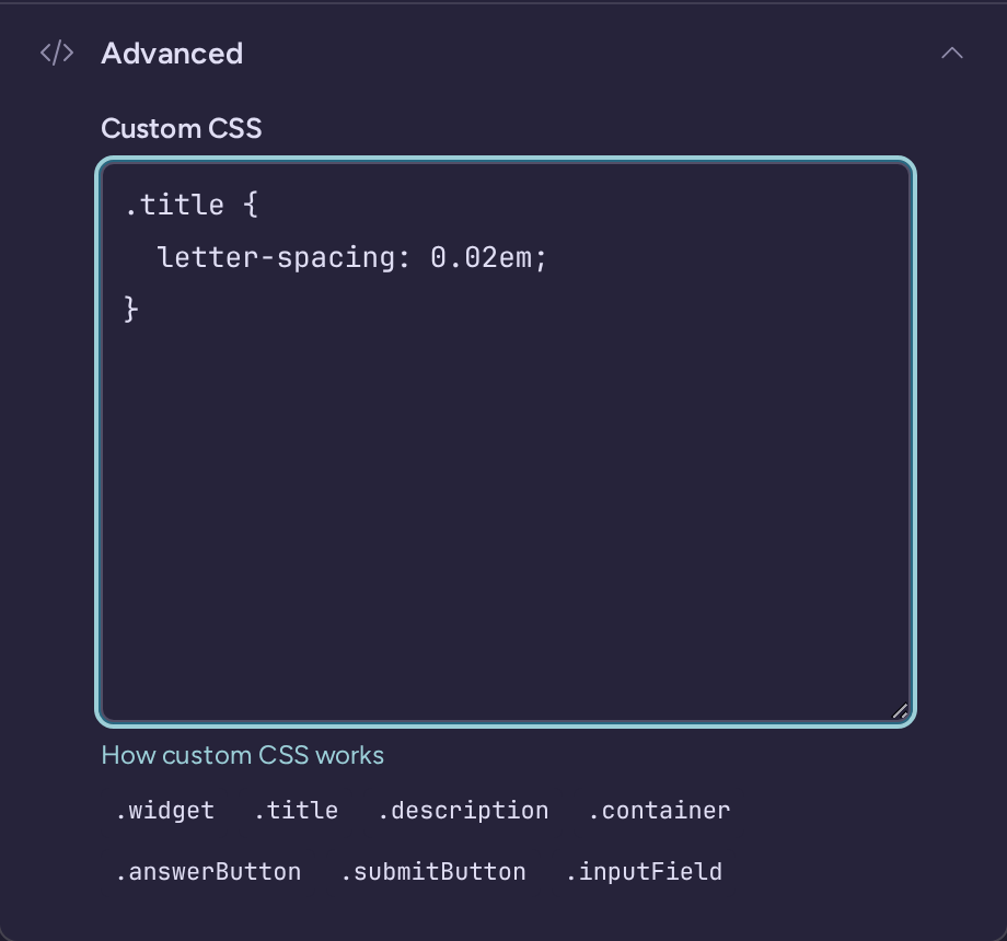 Widget Design Advanced section with an example CSS rule and supported selectors