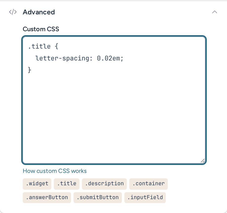 Widget Design Advanced section with an example CSS rule and supported selectors