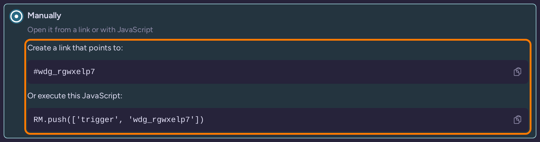 Manual widget trigger instructions showing the widget ID in a link and JavaScript call