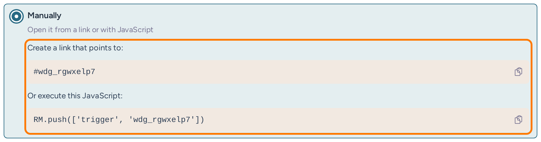 Manual widget trigger instructions showing the widget ID in a link and JavaScript call
