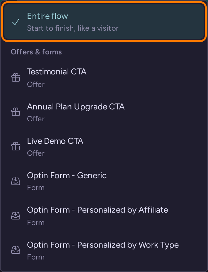 Widget preview step menu with Entire flow selected and individual offers and forms available