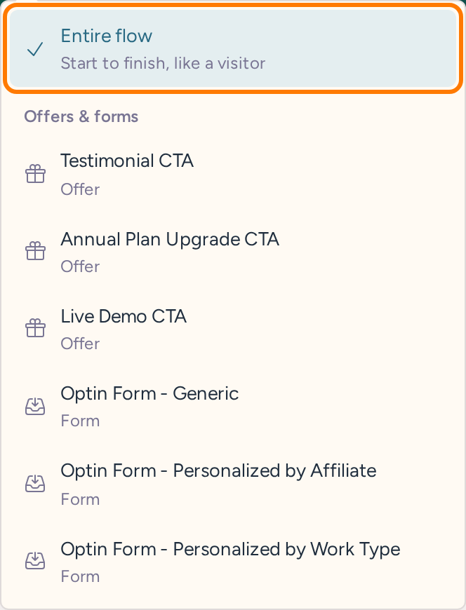 Widget preview step menu with Entire flow selected and individual offers and forms available