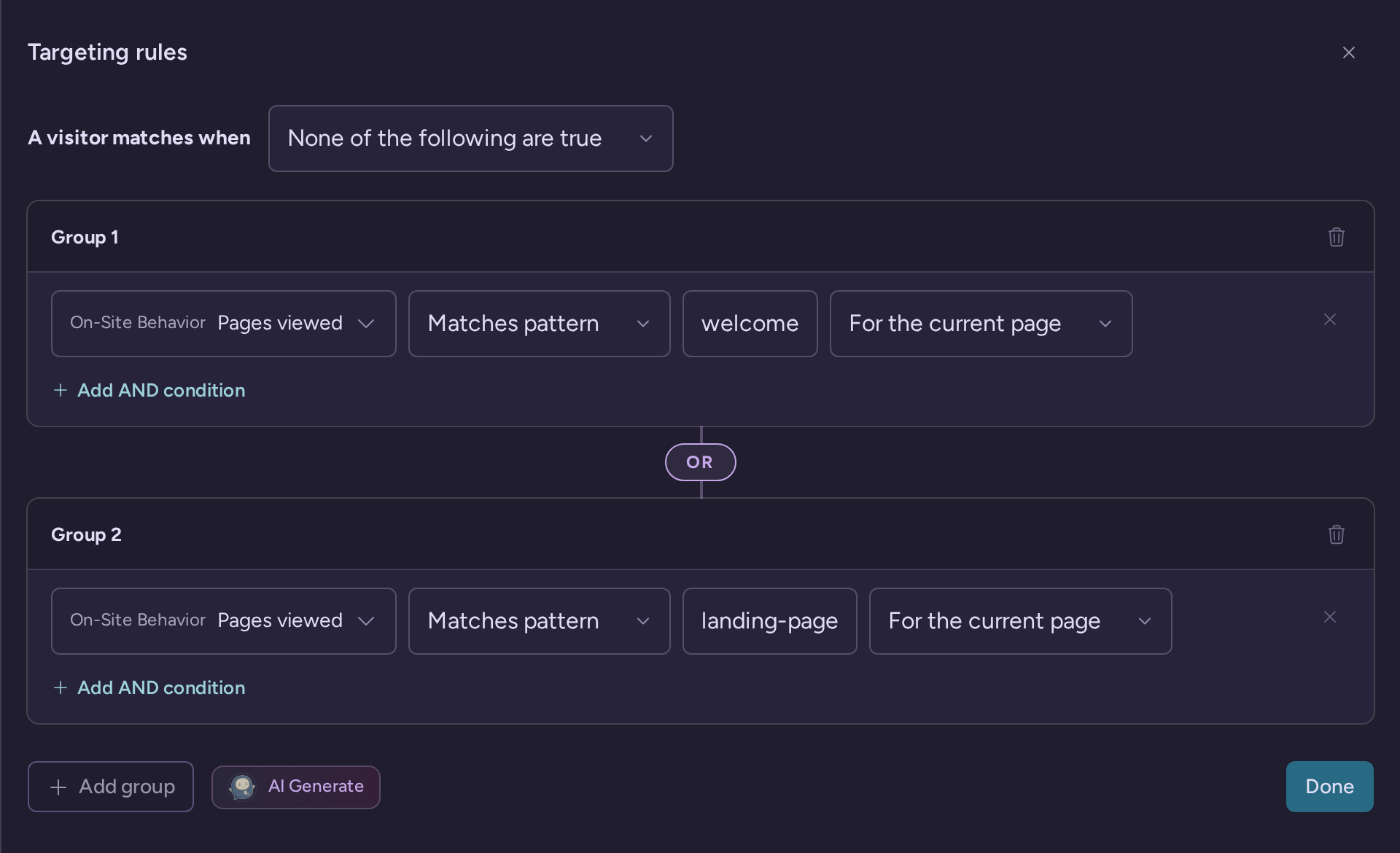 Widget targeting rules excluding the welcome and landing pages