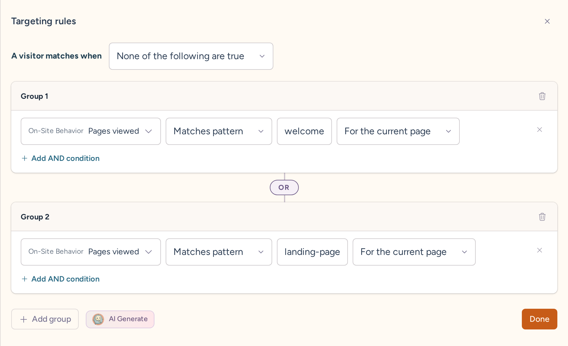 Widget targeting rules excluding the welcome and landing pages