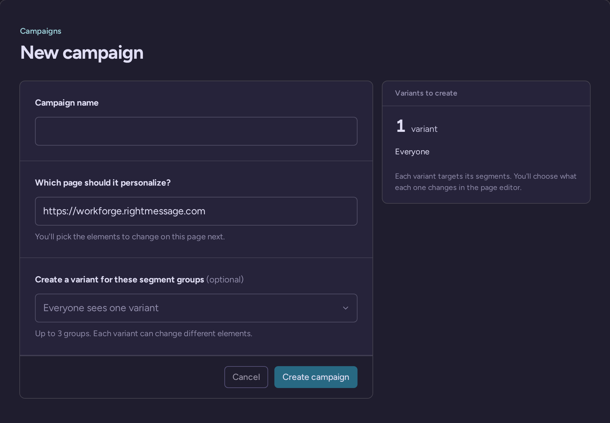 New personalization campaign with page URL and optional segment-based variants