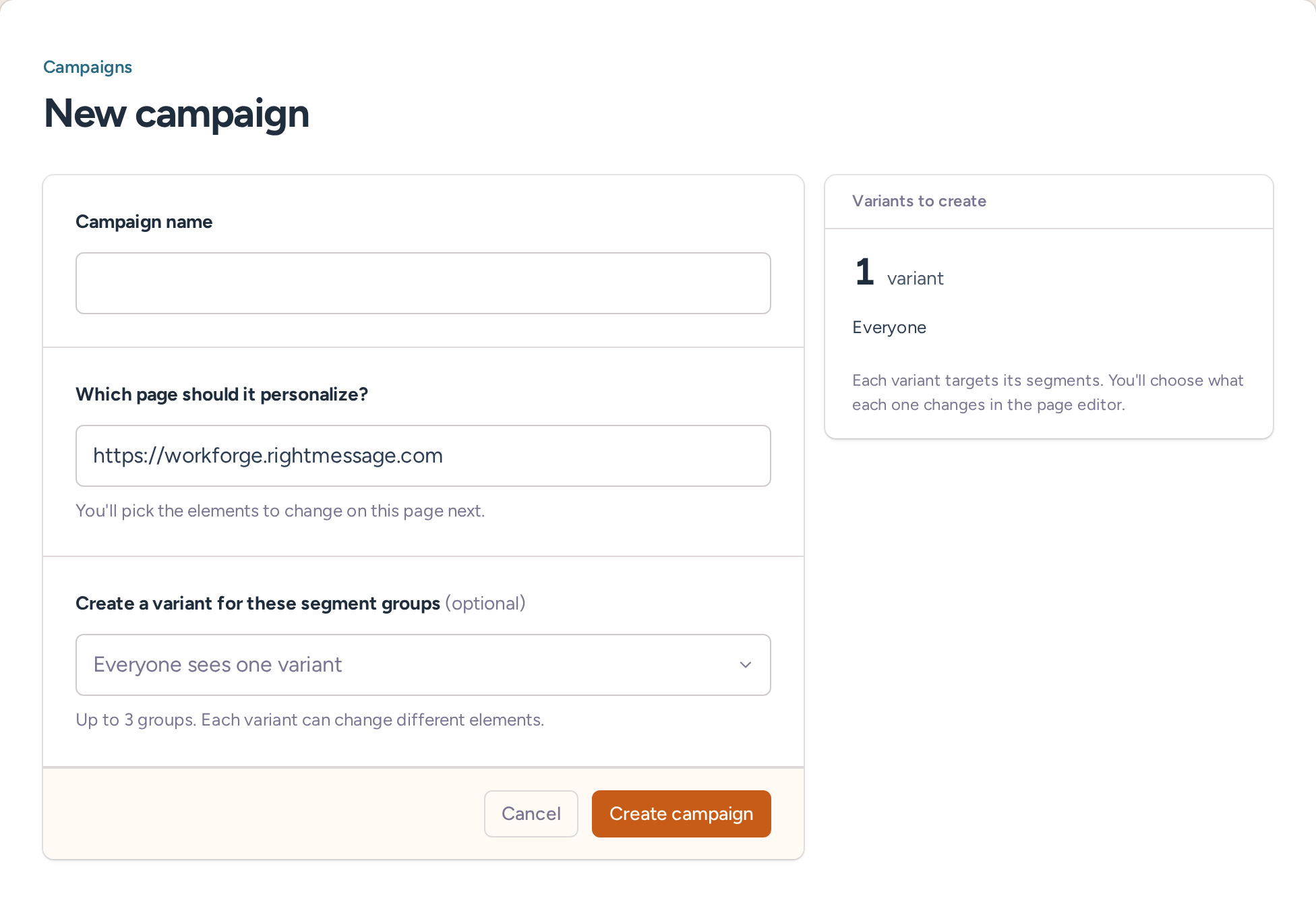 New personalization campaign with page URL and optional segment-based variants