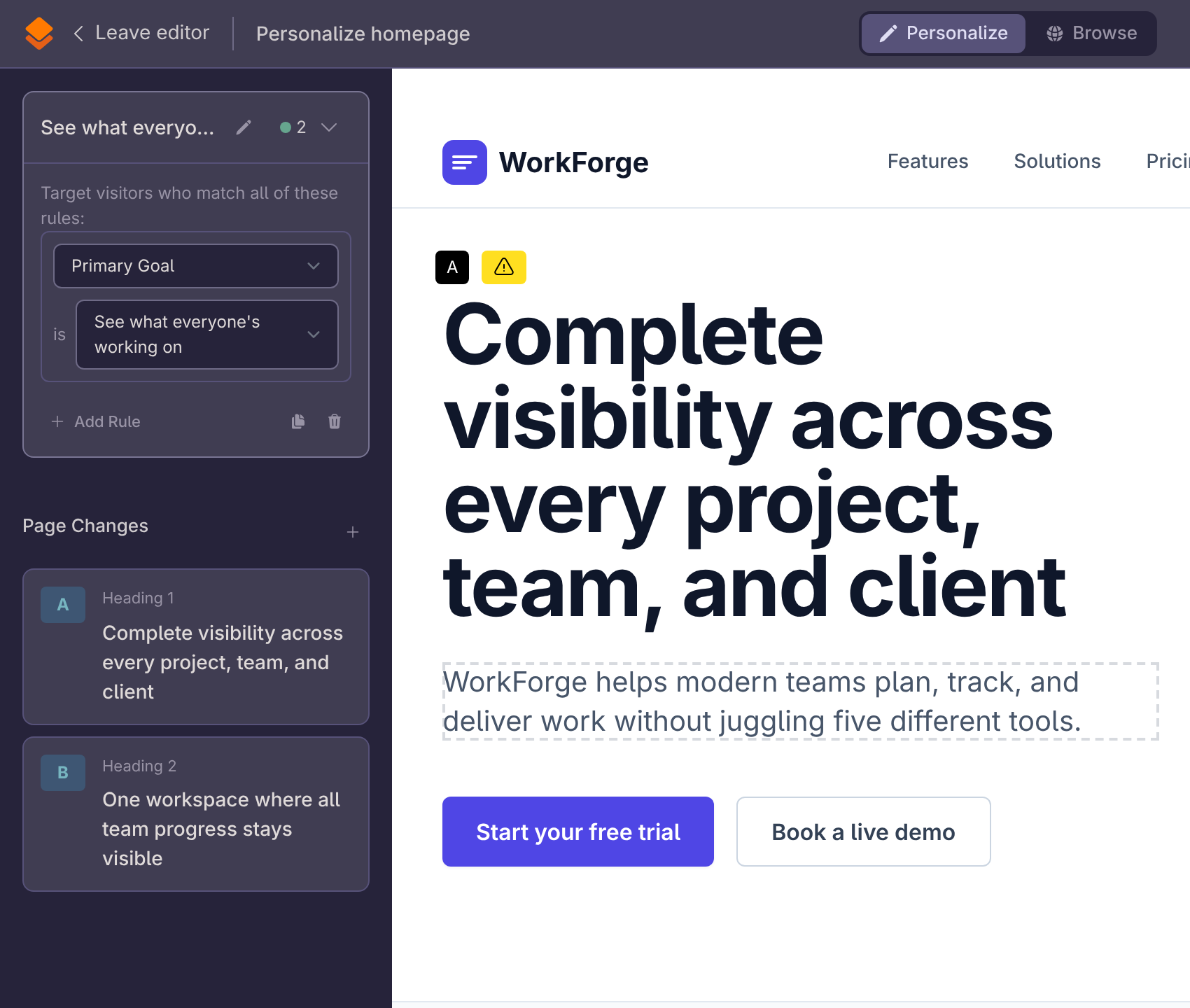 Visual website personalization editor with segment targeting rules and editable page headlines