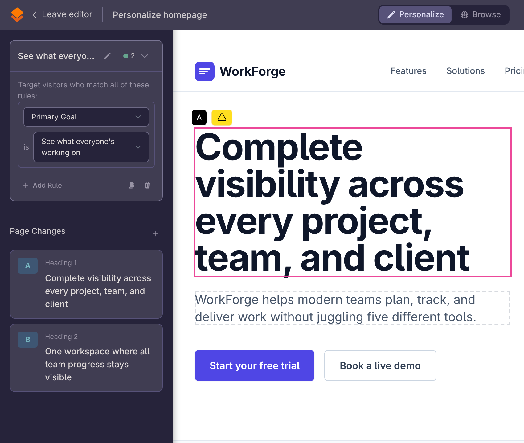 Visual website personalization editor with segment targeting rules and editable page headlines