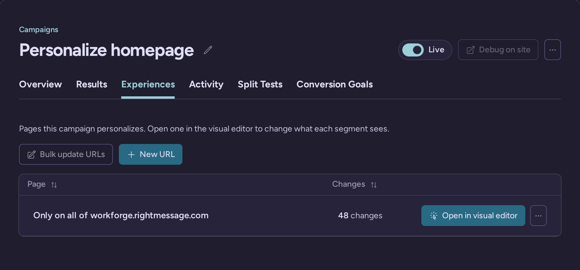 Homepage personalization campaign experiences configuration