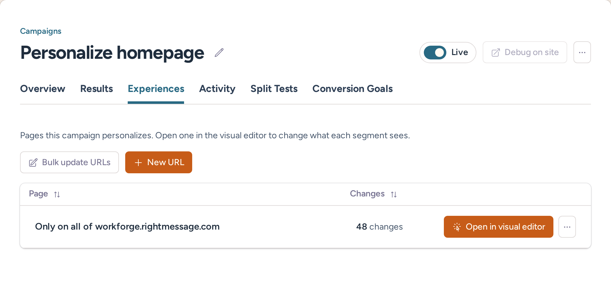 Homepage personalization campaign experiences configuration