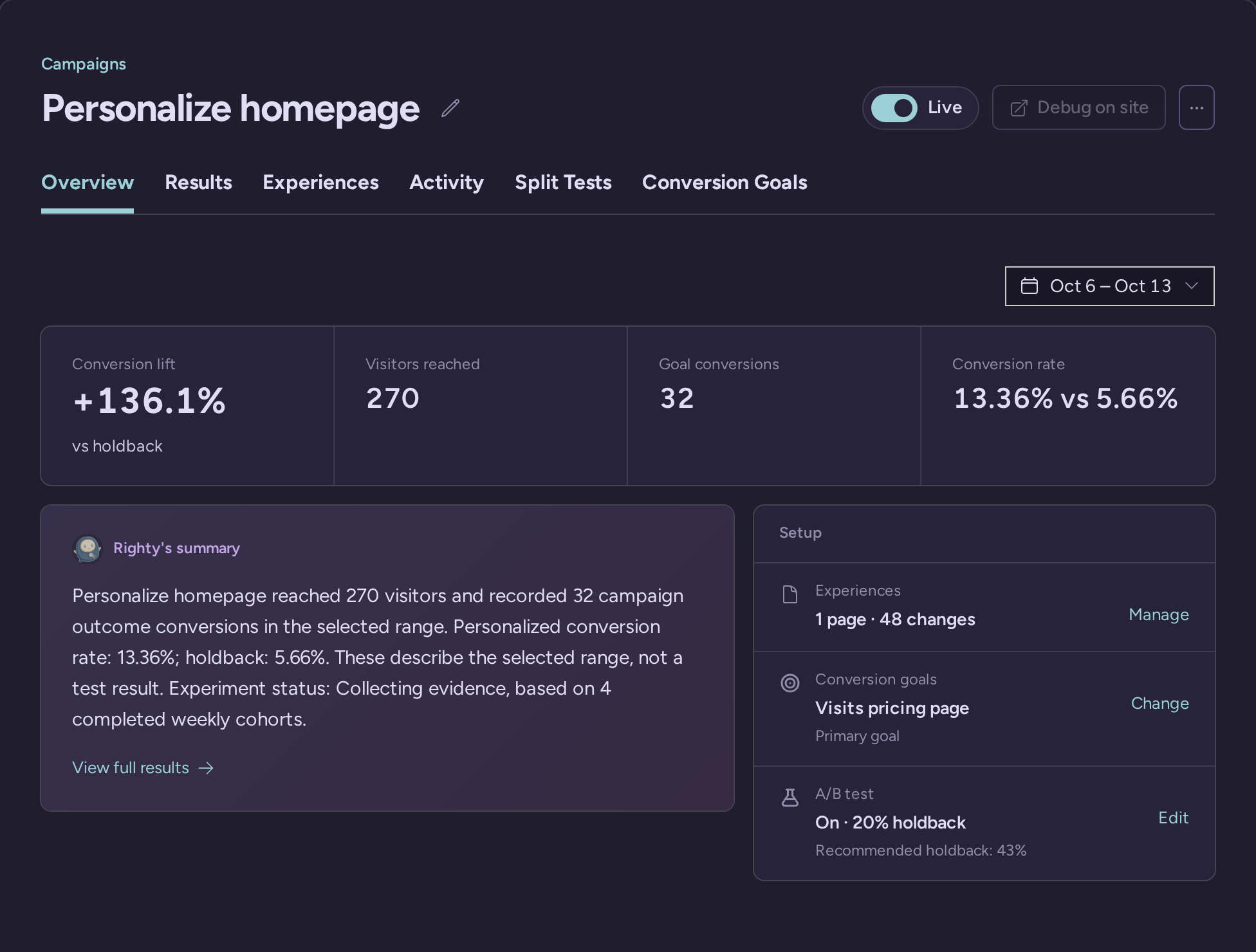 Homepage personalization campaign overview with lift, goal and holdback configuration