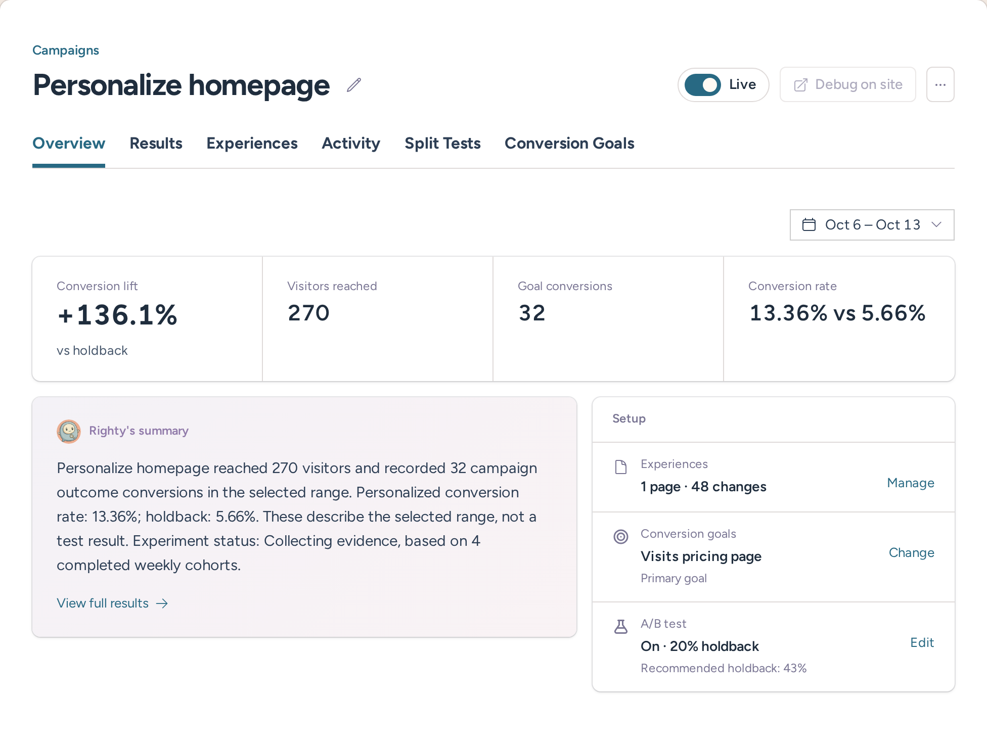 Homepage personalization campaign overview with lift, goal and holdback configuration