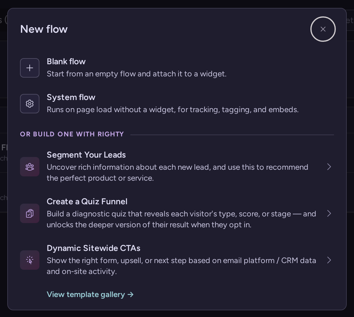 New flow menu with Blank flow and System flow, plus Segment Your Leads, Create a Quiz Funnel, and Dynamic Sitewide CTAs under Or build one with Righty