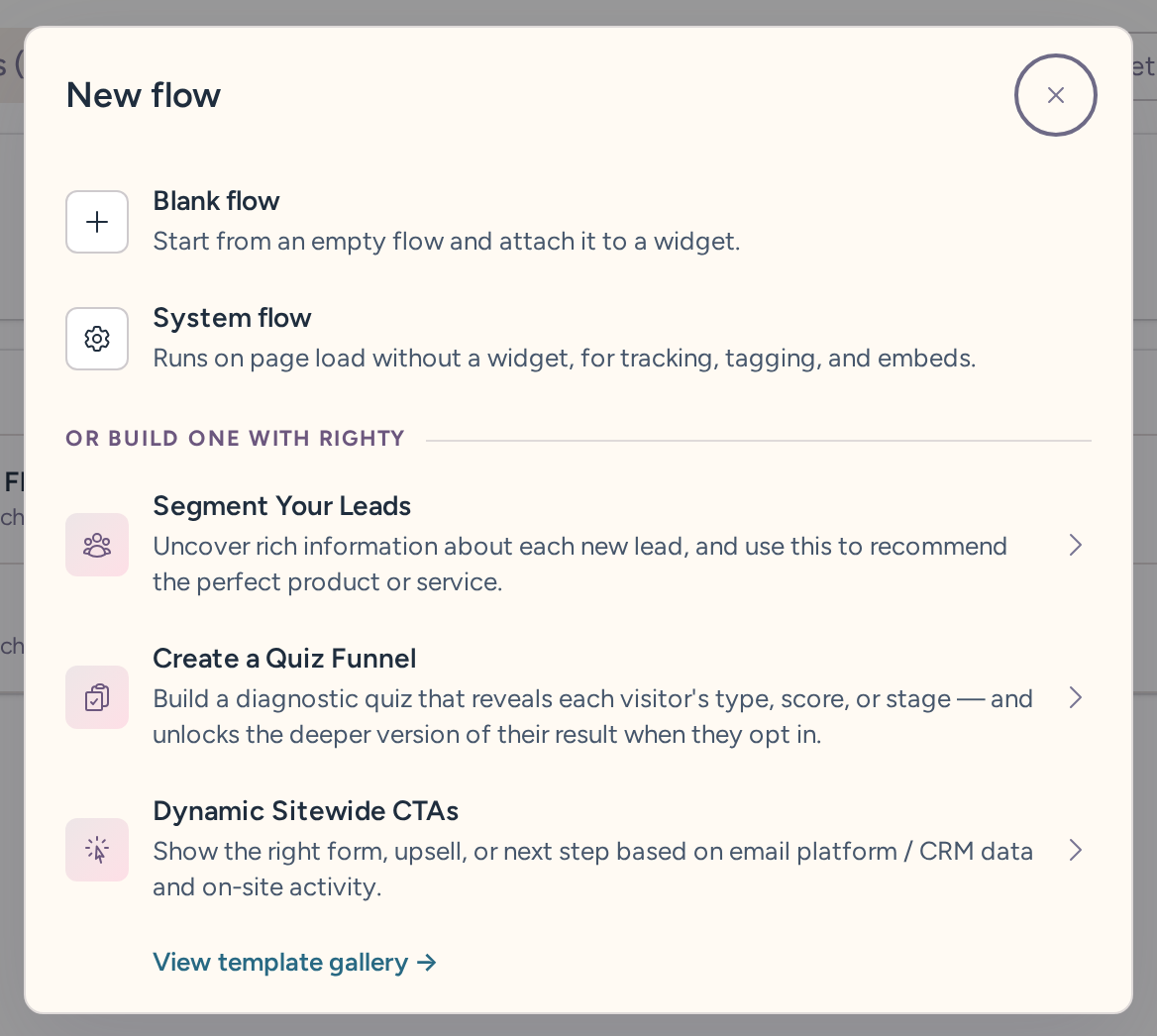 New flow menu with Blank flow and System flow, plus Segment Your Leads, Create a Quiz Funnel, and Dynamic Sitewide CTAs under Or build one with Righty