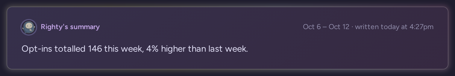 Righty's weekly summary of opt-ins and the change from the previous week