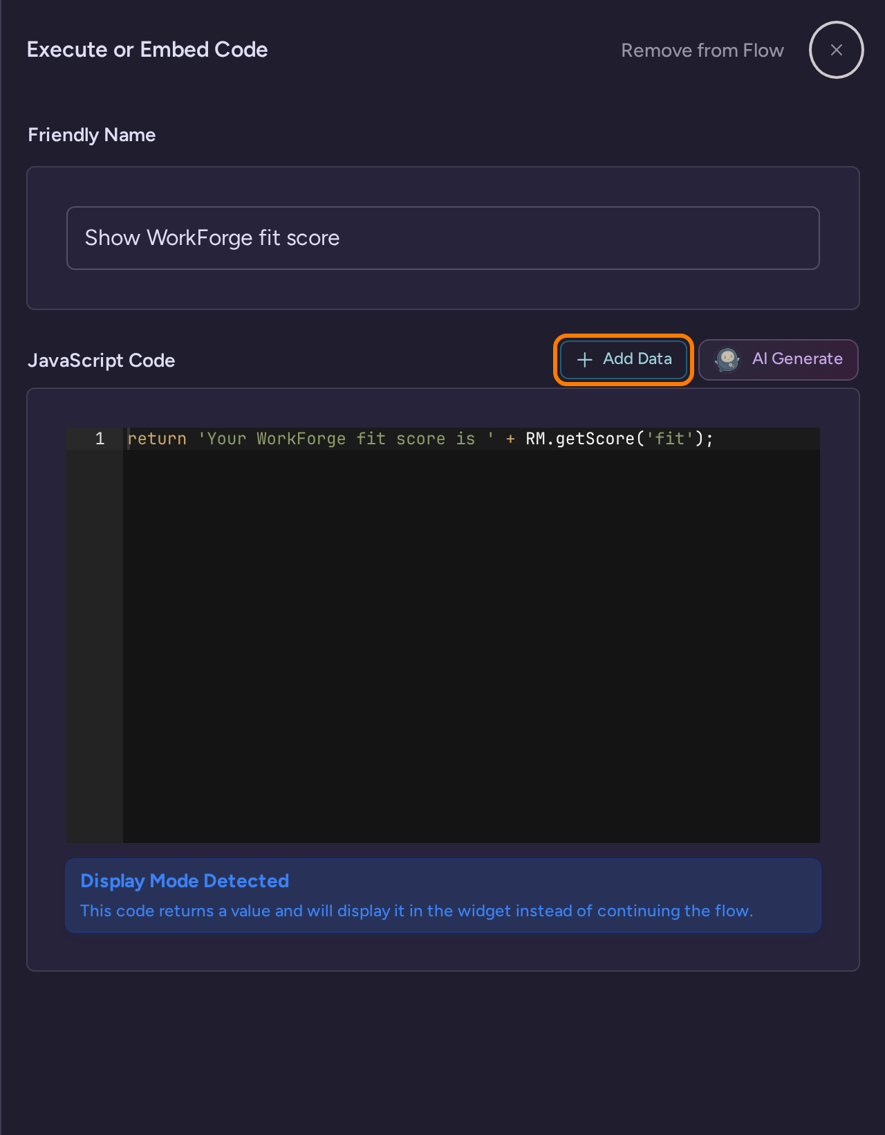 Code node editor with a WorkForge score result, JavaScript Code, Add Data, and AI Generate